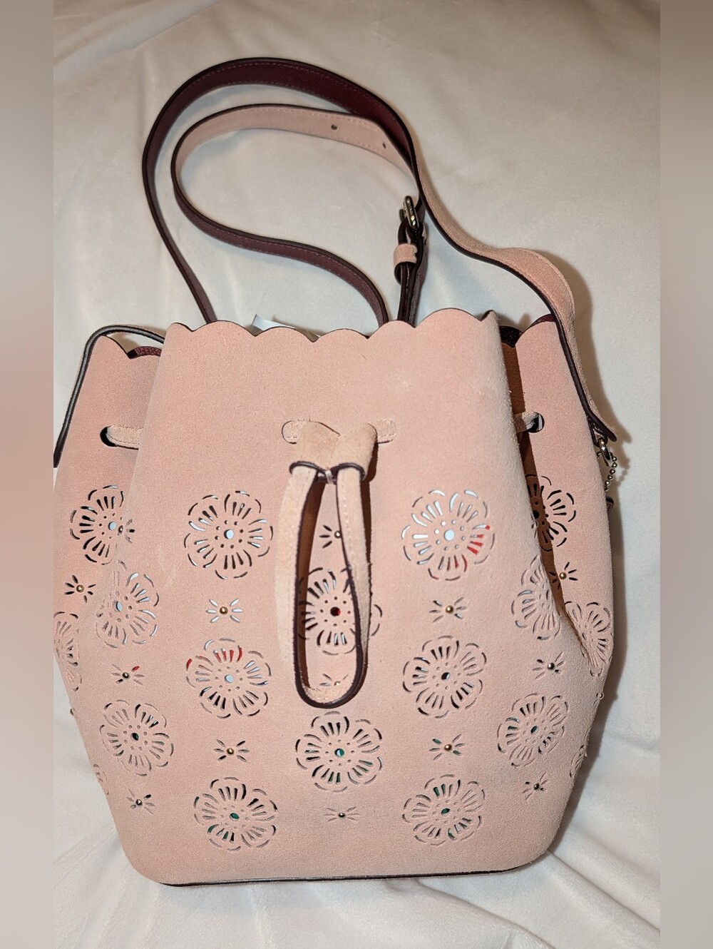 Coach Bucket Bag 18 w/ Cut Out TEA ROSE Suede Crossbody 25193 Pink Rose VGUC - Picture 5 of 14